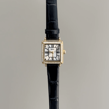 Everyday Refinement:White Square Dial Watch – Gold Square Case & Black Leather Band Quartz