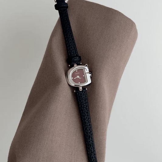 Vintage Silver Horseshoe Watch with Burgundy Dial & Slim Black Leather Strap