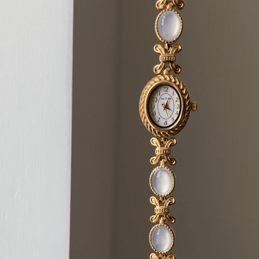 French Vintage Women's Quartz Watch with Mother of Pearl Dial | Gold Oval Case & Twisted Bezel Dress Watch