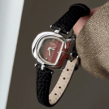 Vintage Silver Horseshoe Watch with Burgundy Dial & Slim Black Leather Strap