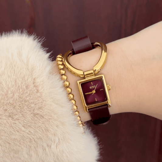 Geometric Modern: Red Rectangular Dial, Gold Rectangular Bezel, Red Leather Strap & Large Magnetic Circle Buckle