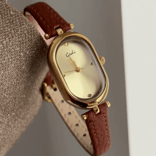 Vintage Petite Oval Gold Watch with Champagne Dial & Slim Brown Leather Band