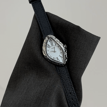 Artistic Edge:White Irregular Dial Watch – Silver Irregular Case & Black Leather Band Quartz