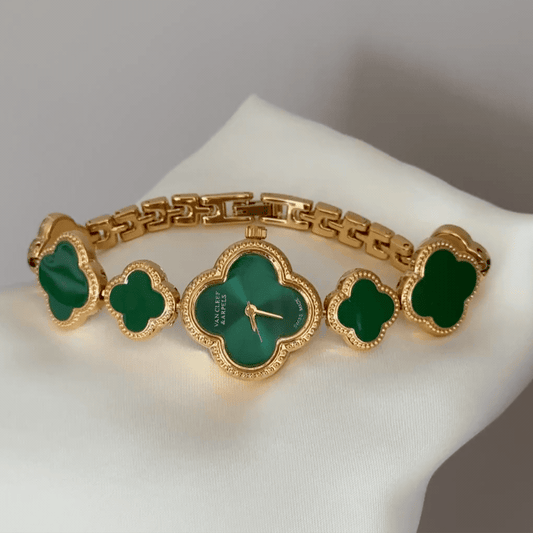 Natural Lucky: Green Four-Leaf Clover Dial Watch with Gold Clover Bezel & Green Clover Link Bracelet