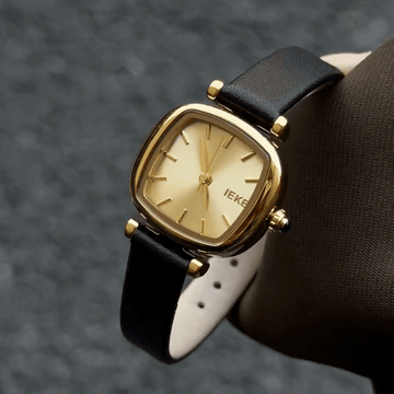 Vintage Petite Gold Cushion Watch with Champagne Dial & Black Leather Strap