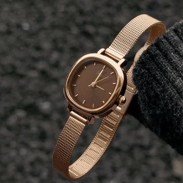Vintage Petite Rose Gold Cushion Watch with Mocha Brown Dial & Mesh Band