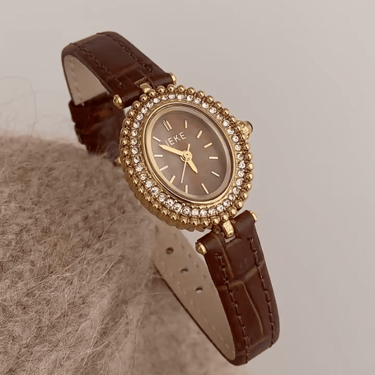 Vintage Petite Oval Gold Watch with Crystal Bezel & Brown Leather Strap