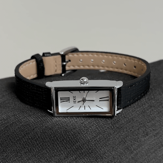Modern Minimalist：White Rectangle Dial Watch – Silver Rectangle Case & Black Leather Band Quartz