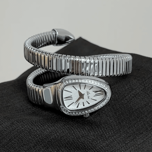 Mythical Glamour：White Serpent Dial Bangle Watch – Silver Serpent Case & Silver Serpent-Coil Stainless Steel Bracelet Quartz