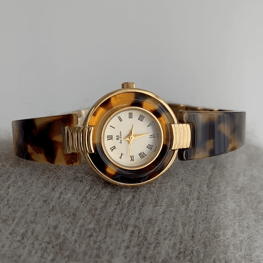 Vintage Tortoiseshell Resin Bangle Watch with Roman Numeral Dial & Gold Accents
