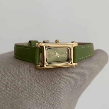 Elegant Green Leather Strap Ladies Quartz Watch, Gold Case, Rectangular Green Dial