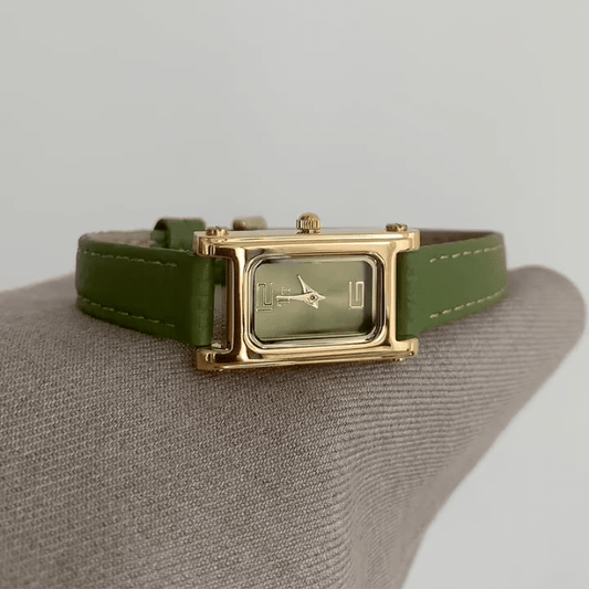 Elegant Green Leather Strap Ladies Quartz Watch, Gold Case, Rectangular Green Dial