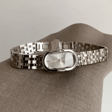Luxury Minimalist Women's Quartz Watch with Silver Bracelet | Oval Silver Dial Dress Watch