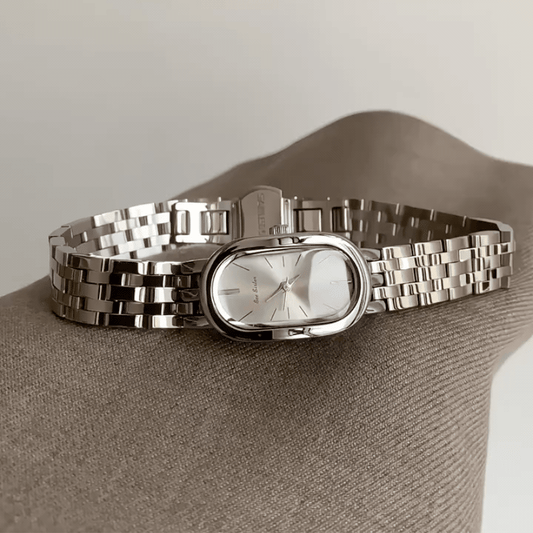 Luxury Minimalist Women's Quartz Watch with Silver Bracelet | Oval Silver Dial Dress Watch