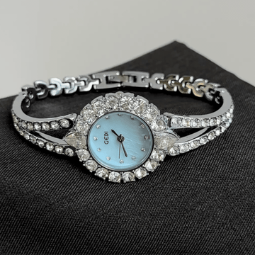 Celestial Radiance：Blue Round Dial Bangle Watch – Silver Round Case & Silver Diamond-Accent Stainless Steel Bracelet Quartz