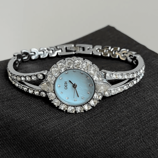 Celestial Radiance：Blue Round Dial Bangle Watch – Silver Round Case & Silver Diamond-Accent Stainless Steel Bracelet Quartz