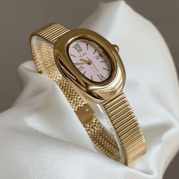 Feminine Glamour：Pink Oval Dial Watch – Gold Oval Case & Gold Stainless Steel Band Quartz