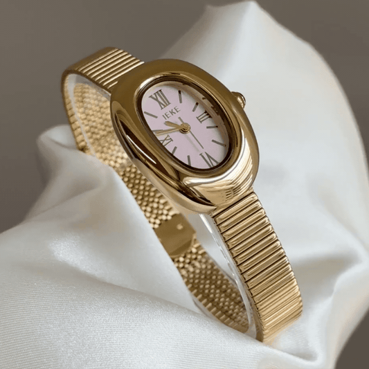 Feminine Glamour：Pink Oval Dial Watch – Gold Oval Case & Gold Stainless Steel Band Quartz