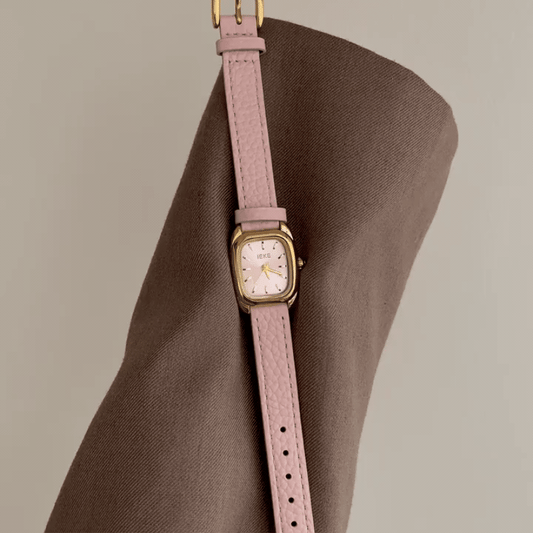 Elegant Pink Leather Strap Ladies Quartz Watch, Gold Case, Rectangular Pink Dial
