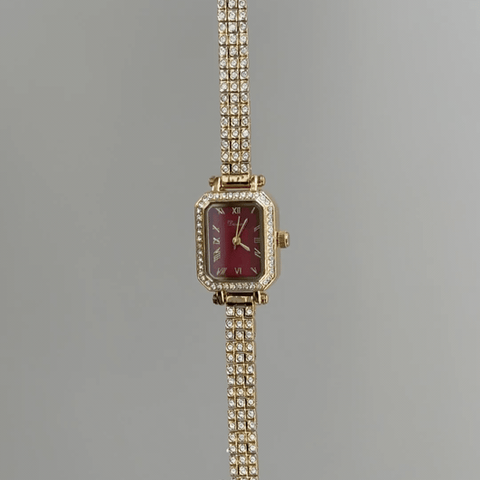 Bold Glamour: Red Square Dial Watch – Gold Square Case & Gold Stainless Steel Band Quartz