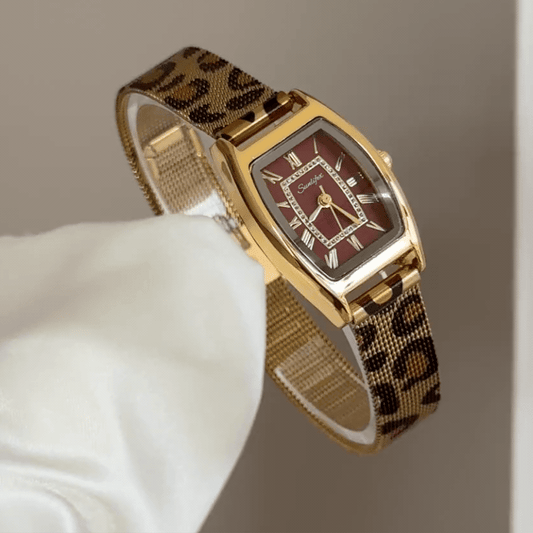 Wild Luxury：Red Barrel Dial Watch – Gold Tonneau Case & Brown Leopard Print Stainless Steel Band Quartz