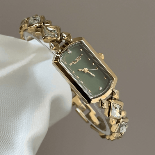 French Elegant Women's Quartz Watch with Green Crystal Bracelet | Rectangular Green Dial Dress Watch