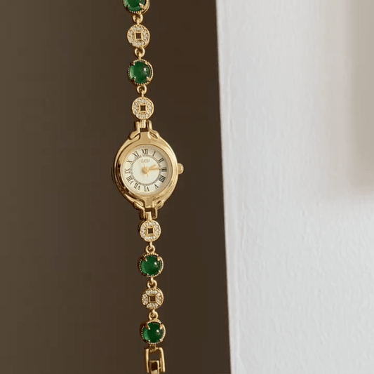 Luxury Frosted Elegance: Green Agate Small Dial & Brass Quartz Watch