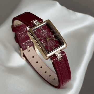 Vintage Petite Gold Tank Watch with Burgundy Roman Numeral Dial & Leather Strap