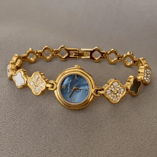 Feminine Delicate: Luminous Mother-of-Pearl & Lucky Clover Bracelet Watch