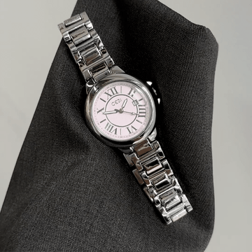 Everyday Charm：Pink Round Dial Watch – Silver Round Case & Silver Stainless Steel Band Quartz