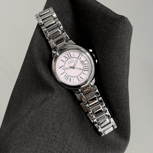 Everyday Charm：Pink Round Dial Watch – Silver Round Case & Silver Stainless Steel Band Quartz