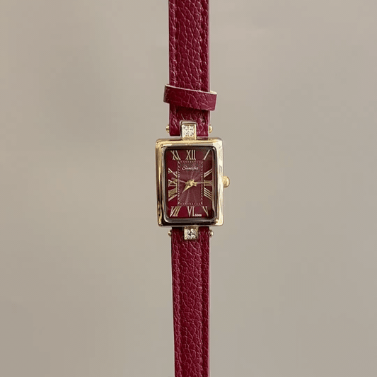 Vintage Petite Gold Tank Watch with Burgundy Roman Numeral Dial & Leather Strap