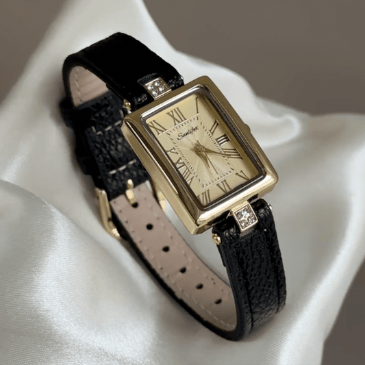Vintage Gold Tank Watch with Champagne Roman Numeral Dial & Black Leather Strap