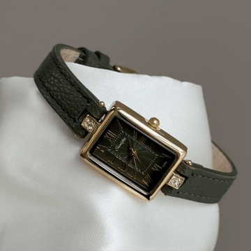 Vintage Gold Tank Watch with Olive Green Roman Numeral Dial & Leather Strap