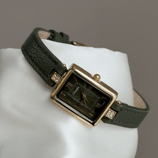 Vintage Gold Tank Watch with Olive Green Roman Numeral Dial & Leather Strap