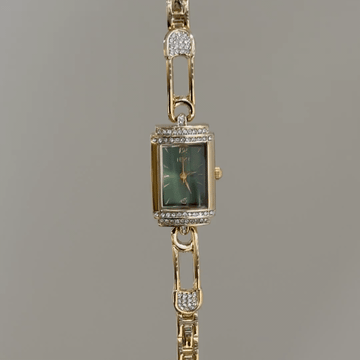 Nature-Inspired Luxe：Green Square Dial Watch – Gold Square Case & Gold Stainless Steel Band Quartz