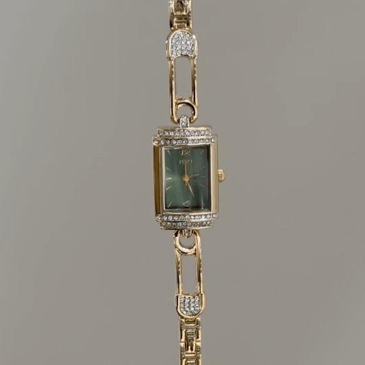 Nature-Inspired Luxe：Green Square Dial Watch – Gold Square Case & Gold Stainless Steel Band Quartz