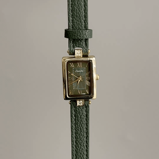 Vintage Gold Tank Watch with Olive Green Roman Numeral Dial & Leather Strap