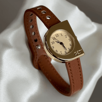 Vintage Petite Gold D-Shape Watch with Cream Arabic Dial & Brown Leather Strap
