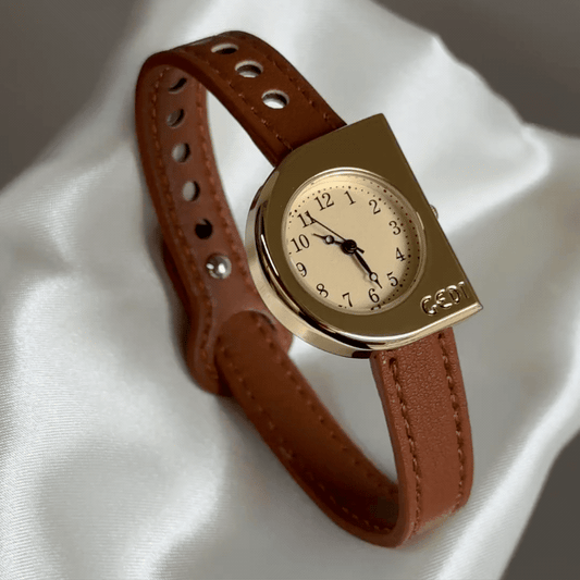 Vintage Petite Gold D-Shape Watch with Cream Arabic Dial & Brown Leather Strap