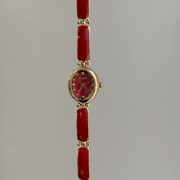 Vintage Petite Oval Gold Watch with Red Dial & Enamel Link Bracelet