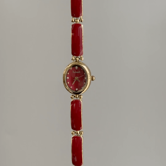Vintage Petite Oval Gold Watch with Red Dial & Enamel Link Bracelet