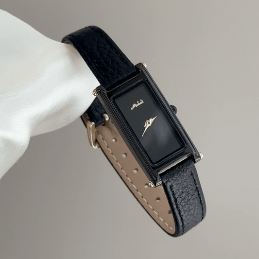 Sleek Monochrome：Black Square Dial Watch – Black Square Case & Black Leather Band Quartz