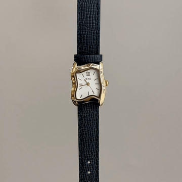 Vintage Asymmetrical Melted Gold Watch with White Dial & Black Leather Strap