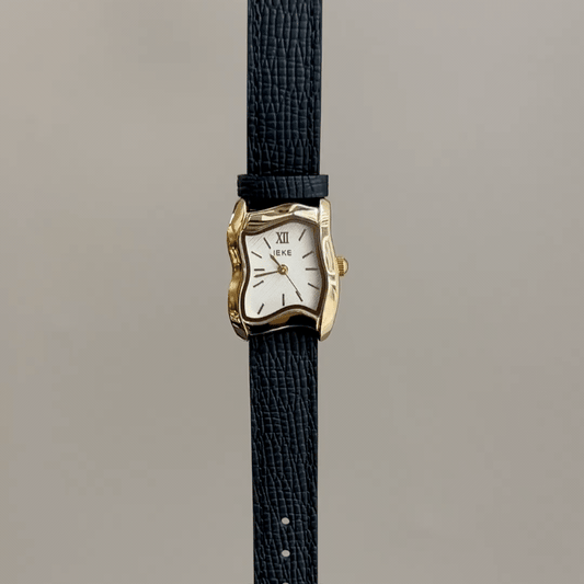 Vintage Asymmetrical Melted Gold Watch with White Dial & Black Leather Strap