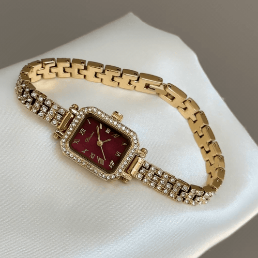 Bold Glamour: Red Square Dial Watch – Gold Square Case & Gold Stainless Steel Band Quartz