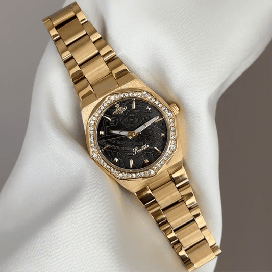 Modern Classic: Black Round Dial Watch with Gold Bezel & Gold Stainless Steel Bracelet