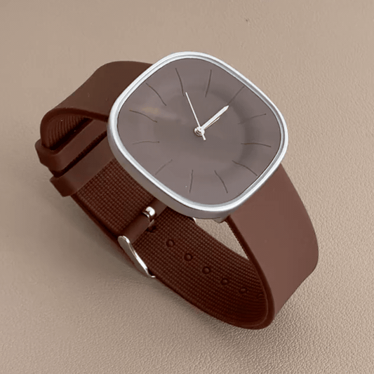 Minimalist Futuristic Brown Silicone Wide Strap Watch with Large Square Dial – Women’s Quartz Watch