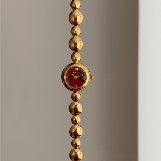 Gold Beaded Bracelet Women’s Quartz Watch – Round Red Small Dial