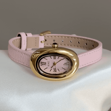 Romantic Feminine： Pink Oval Dial Watch – Gold Oval Case & Pink Leather Band Quartz